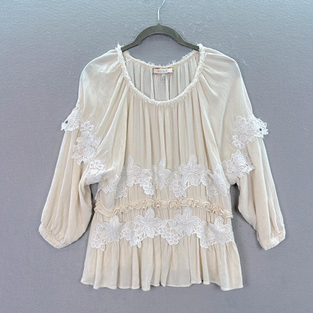 eri + ali - women’s cream lace blouse 3/4 sleeves cotton rayon blend top size XS